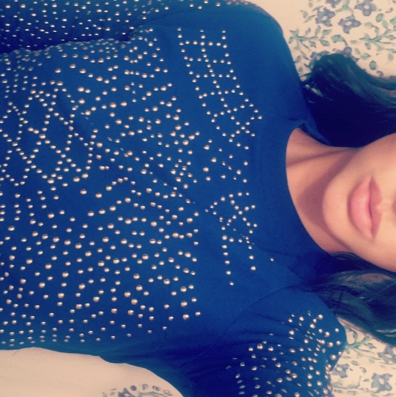 Studded Long Sleeve Blue Crop Top - Picture 2 of 3